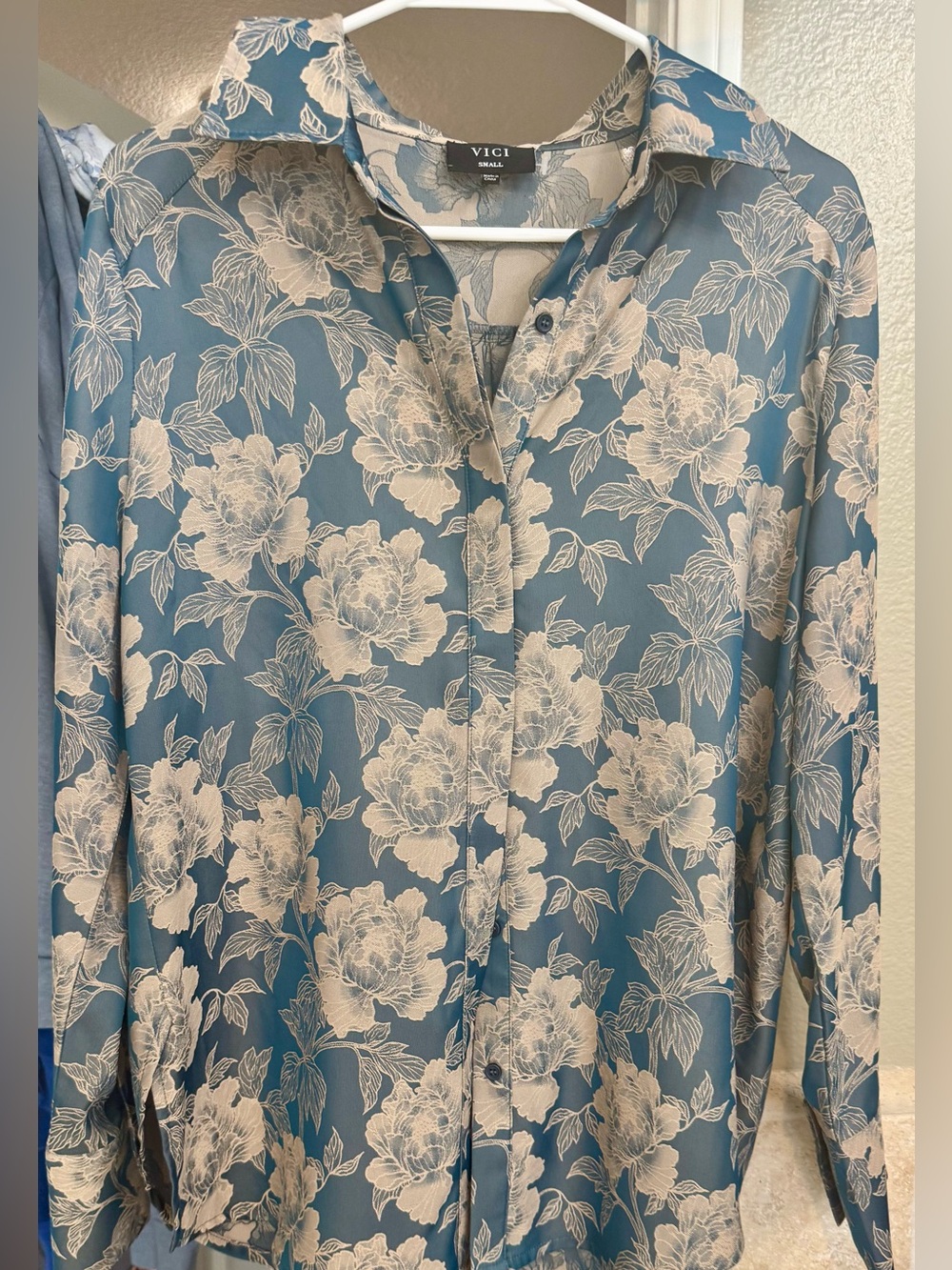 VICI Teal Floral Button-Down Blouse with Cream Blooms